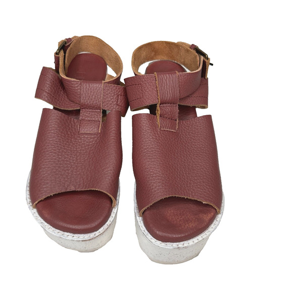 Anthro Gee Wawa Eggplant Leather White Platform Open Toe Ankle Strap Sandals 8 - Picture 2 of 10